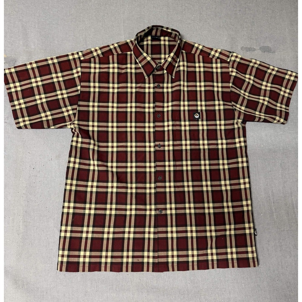 Lowrider Mens Large Button Up Shirt Plaid Short Sleeve Maroon Burgundy 2566